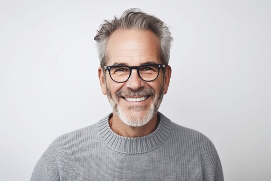 Serenely smiling middle-aged man with gray hair and beard in wool sweater on white background. Generative AI