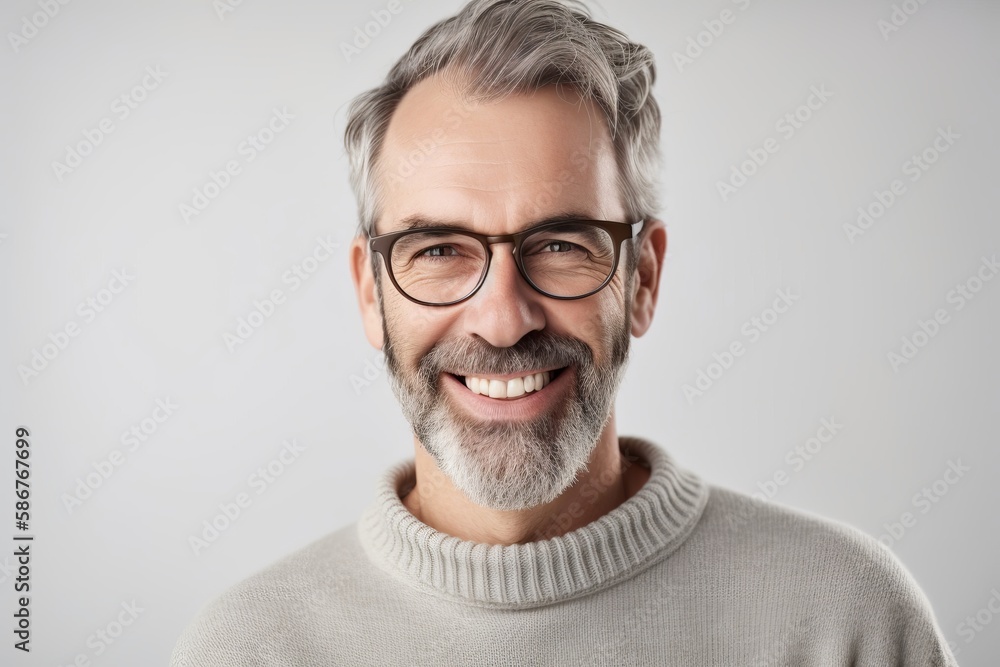 Wall mural Serenely smiling man with gray hair and beard, wearing glasses and beige turtleneck sweater on white background. Generative AI