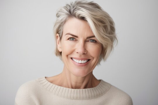 Mature serene woman in white sweater confidently posing on a white background. Generative AI