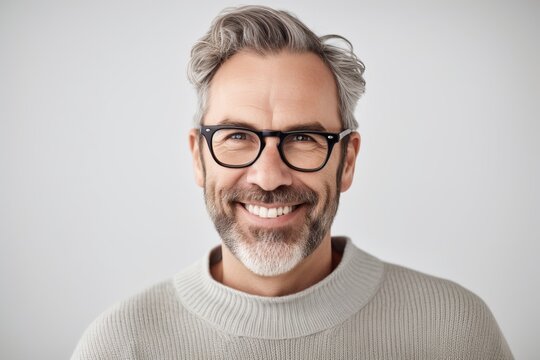 Serene middle-aged man with silver hair and beard, wearing beige sweater and glasses. Generative AI
