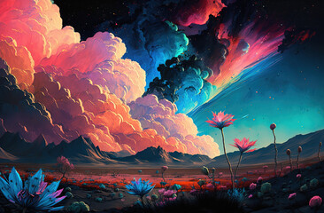 Fototapeta premium Vast colorful landscape with flowers and beautiful clouds, generative AI, wallpaper