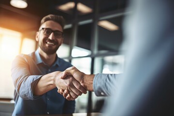 Smiling business men shaking hands. Generative AI