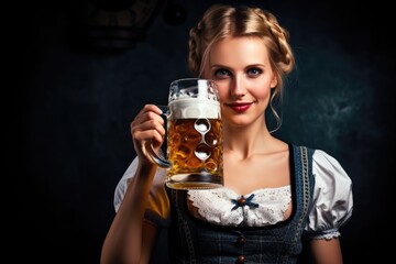 Young sexy Oktoberfest waitress, wearing a traditional Bavarian dress, toasting with a big beer mug