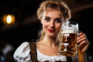 Young sexy Oktoberfest waitress, wearing a traditional Bavarian dress, toasting with a big beer mug