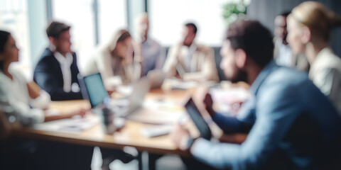 Soft of blurred people meeting at table. Abstract blurred office interior space background. Business concept

