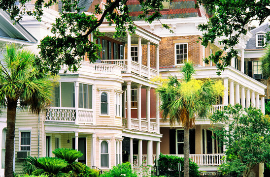 Charleston, South Carolina, USA. Old historic traditional town houses villas on the South Battery
