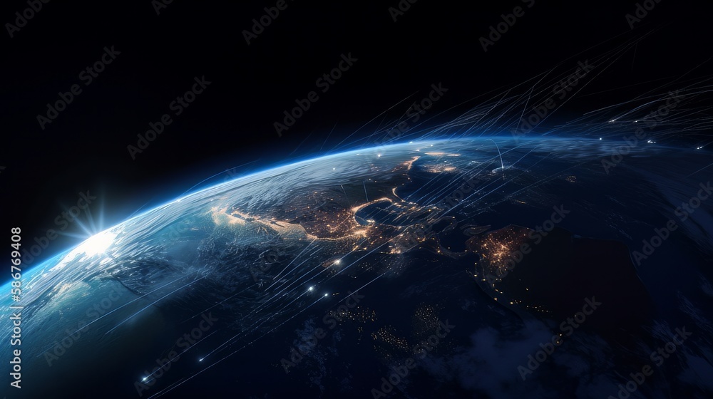 Poster nightly earth in the outer space collage. abstract wallpaper. city lights on planet. civilization. e