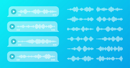 Voice, audio message, transparent speech bubbles. SMS text frame. Social media chat or messaging app conversation. Voice assistant, recorder. Sound wave pattern. Vector illustration