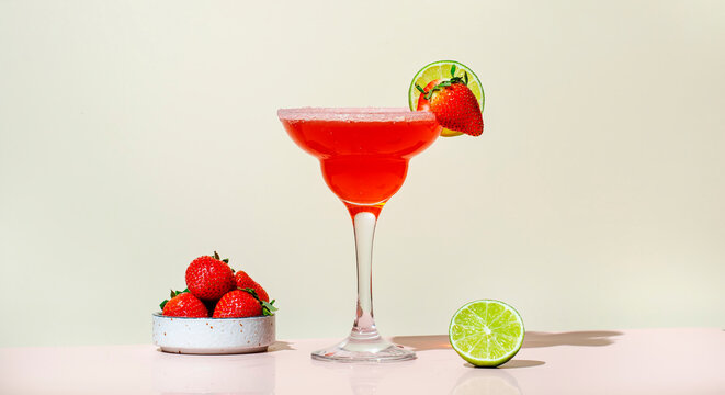 Strawberry Margarita summer alcoholic cocktail drink with silver tequila, lime juice, liqueur, strawberries and ice in glass with sugar rim. Beige pink vanilla background.