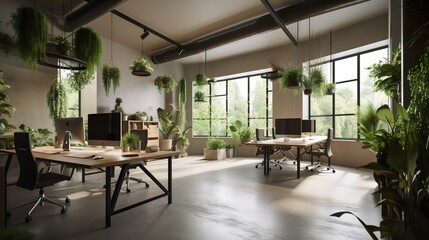 Fototapeta na wymiar Sleek, eco-friendly office with natural lighting and indoor plants, AI generative