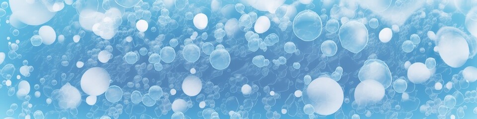 Calm blue white panoramic banner featuring abstract water shapes and bubbles, AI generative panorama