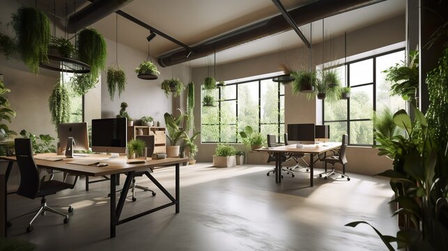 Sleek, eco-friendly office with natural lighting and indoor plants, AI generative