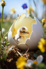 Beautiful close-up of a cute chick hatching out of an egg, made with generative AI