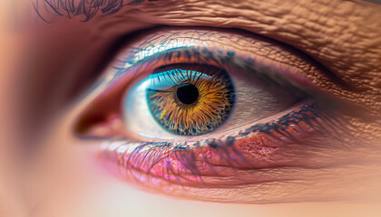 neon colored human eye, digital future. abstract.