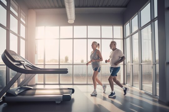 Middle-aged couple, male and female friends during gym workout, striving for a healthier lifestyle, AI generative