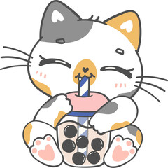Kawaii funny bubble tea cat lover, cute boba tea kitten cartoon doodle hand drawing