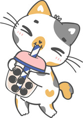 Kawaii funny bubble tea cat lover, cute boba tea kitten cartoon doodle hand drawing