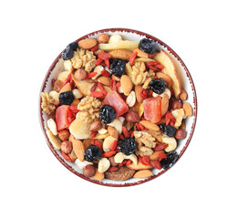 Bowl with mixed dried fruits and nuts isolated on white, top view