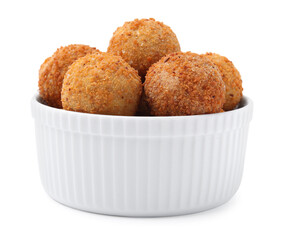 Bowl with delicious fried tofu balls on white background