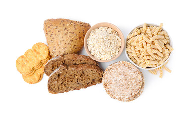 Different gluten free products on white background, top view