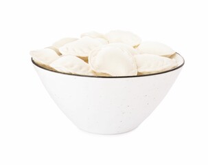 Fototapeta na wymiar Raw delicious dumplings (varenyky) on white background