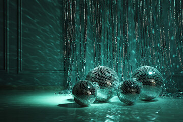 Shiny disco balls indoors, toned in dark green. Space for text