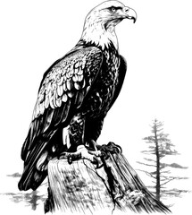 eagle perched on stump, symbol hand drawn sketch in vintage engraving style, vector illustration