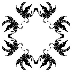 Geometrical ornament or animal frame with stylized birds. Traditional Russian folk motif. Black and white silhouette.