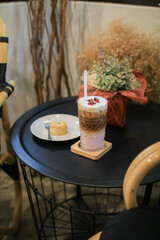 Fresh Scones with coffee milk pink yummy tasty delicious Traditional British dessert in vintage background. Rustic Table, Horizontal View