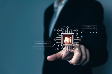 Businessman touching AI tech concept, connecting smart robot AI, enter command prompt for generate idea, prompt engineering, futuristic technology transformation, fast solve problem, virtual, SEO.