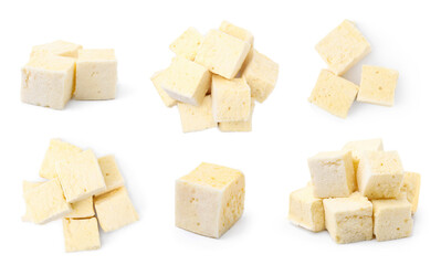 Collage with tasty yellow marshmallows on white background