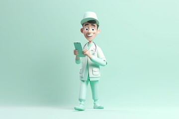 Male nurse holding a phone in green clothes