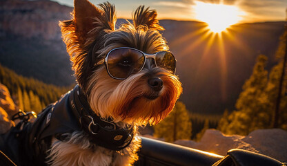 Yorkie with Sun Glasses on Motorcycle 
