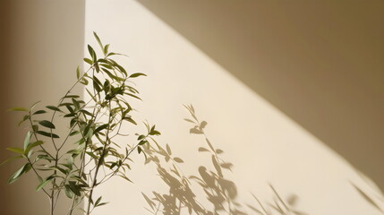 minimalist wall background with sunlight and plant shadows, made with generative ai
