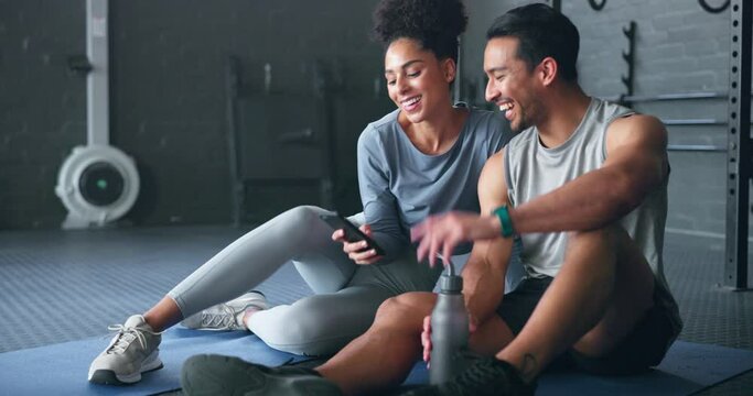 Gym, selfie and active couple taking a break from training workout to take a smartphone picture. Fitness, health and mobile wellness with a black couple taking photos in the exercise center