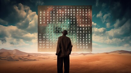 An image of a person standing in front of a giant calculator, with different formulas and equations forming a surreal landscape in the background - Generative AI