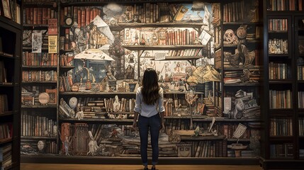 Fototapeta premium An image of a person standing in front of a giant calculator, with different formulas and equations forming a surreal landscape in the background - Generative AI