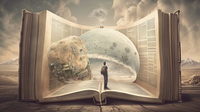 An image of a person standing in front of a giant open book, with different subjects and lessons forming a surreal backdrop - Generative AI
