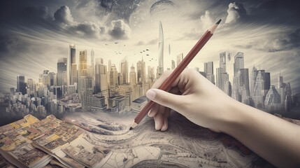 Person's hands holding a pencil, with different subjects and textbooks forming a surreal cityscape - Generative AI