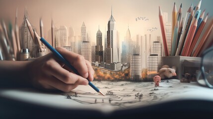 Person's hands holding a pencil, with different subjects and textbooks forming a surreal cityscape - Generative AI