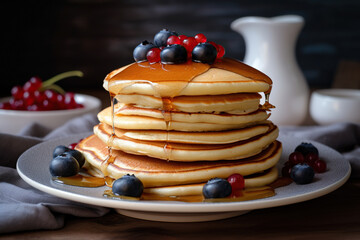 A stack of pancakes with blueberries and pomegranates Generative AI - obrazy, fototapety, plakaty