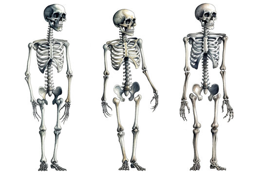 Three full bodied skeletons standing on a white background Generative AI