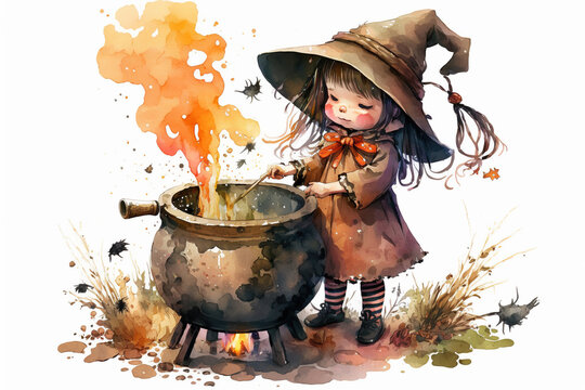 Cute little witch with a cauldron Generative AI
