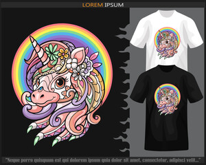Colorful unicorn head mandala arts isolated on black and white t-shirt.