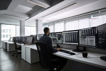 Photo of open modern office with lots of computer screens and one person working. High quality generative ai