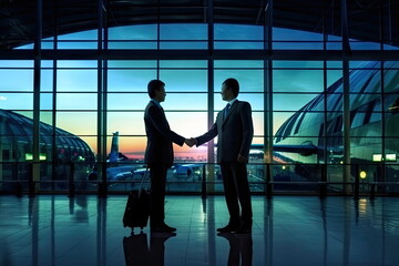 business man handshake with terminal background