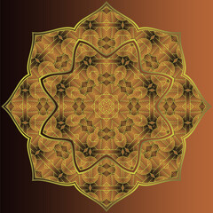 Vector mandala in brown color with yellow gold outline