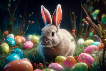 Fototapeta na wymiar Cute and happy bunny with many easter eggs, Background with grass, festive background, generative ai