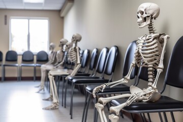 Fototapeta premium Skeletons sitting in a waiting room. Hospital, clinic, dental office. Waiting kills. Generative AI