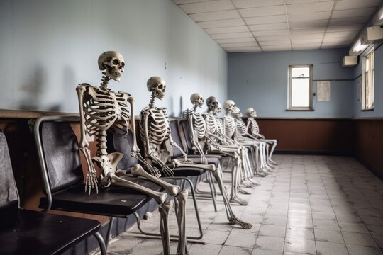 Skeletons sitting in a waiting room. Hospital, clinic, dental office. Waiting kills. Generative AI